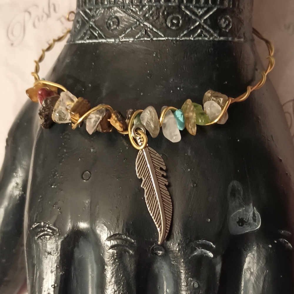 Gemstone Bracelet with a Feather Charm